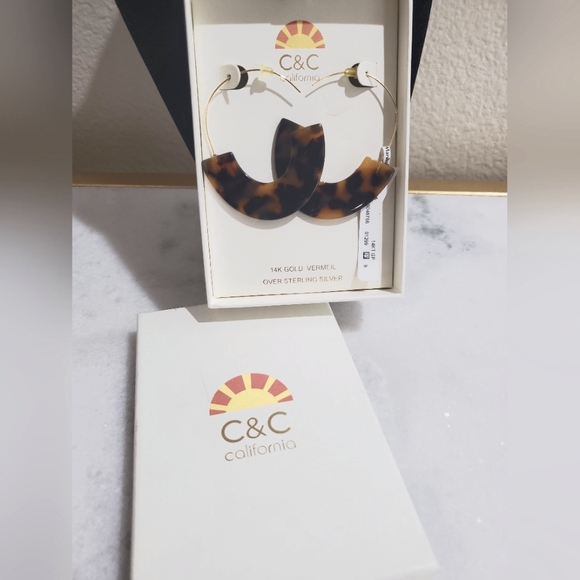 NEW C&C California Tortoise Shell Gold Vermeil Sterling Silver Hoop Earrings - Picture 1 of 7